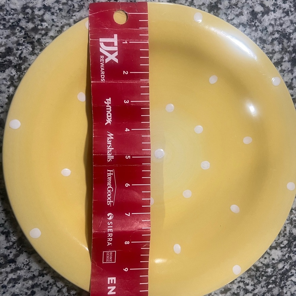 EPOCH Ceramic Dinner Plates (11) From the Indonesia Collection in Yellow Pokadot